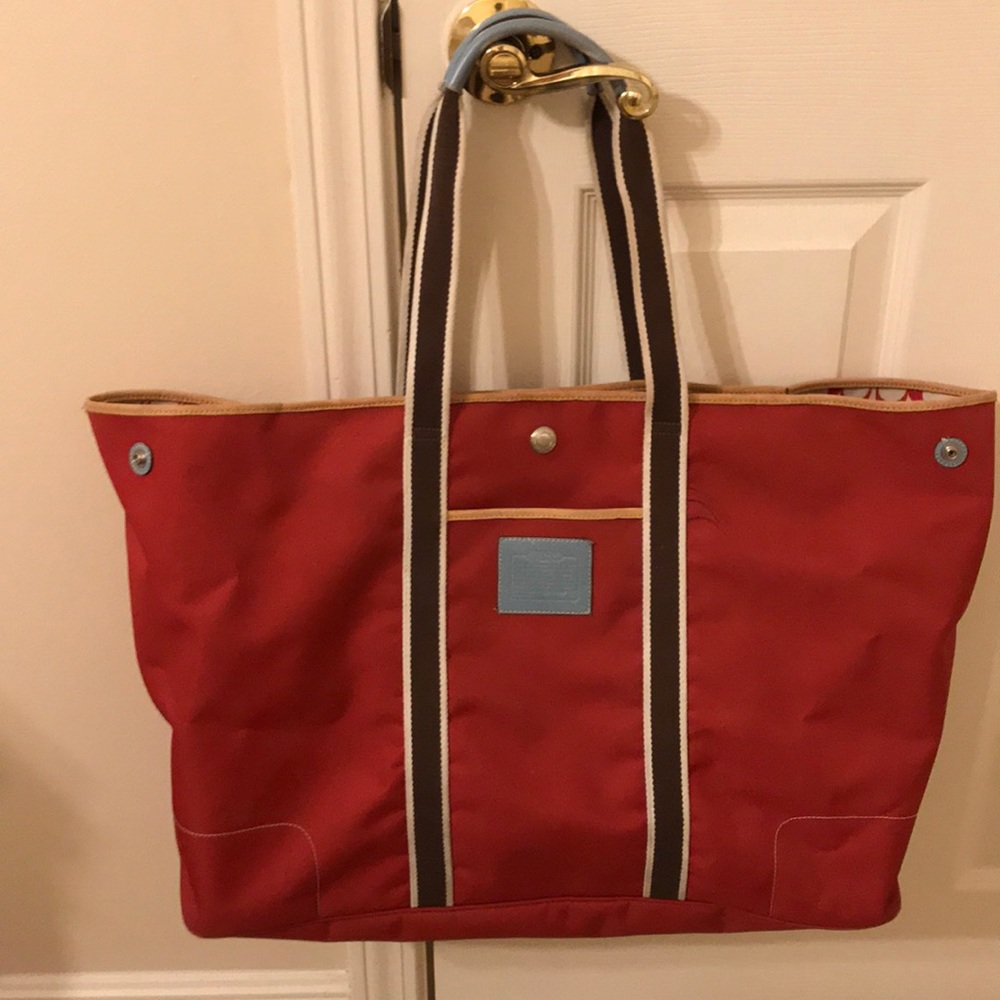 Coach red nylon tote with leather trim